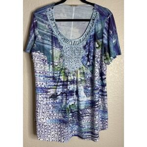 One World Womens XXL Colorful Purple Embellished Crochet Top Tunic Boho Fairy